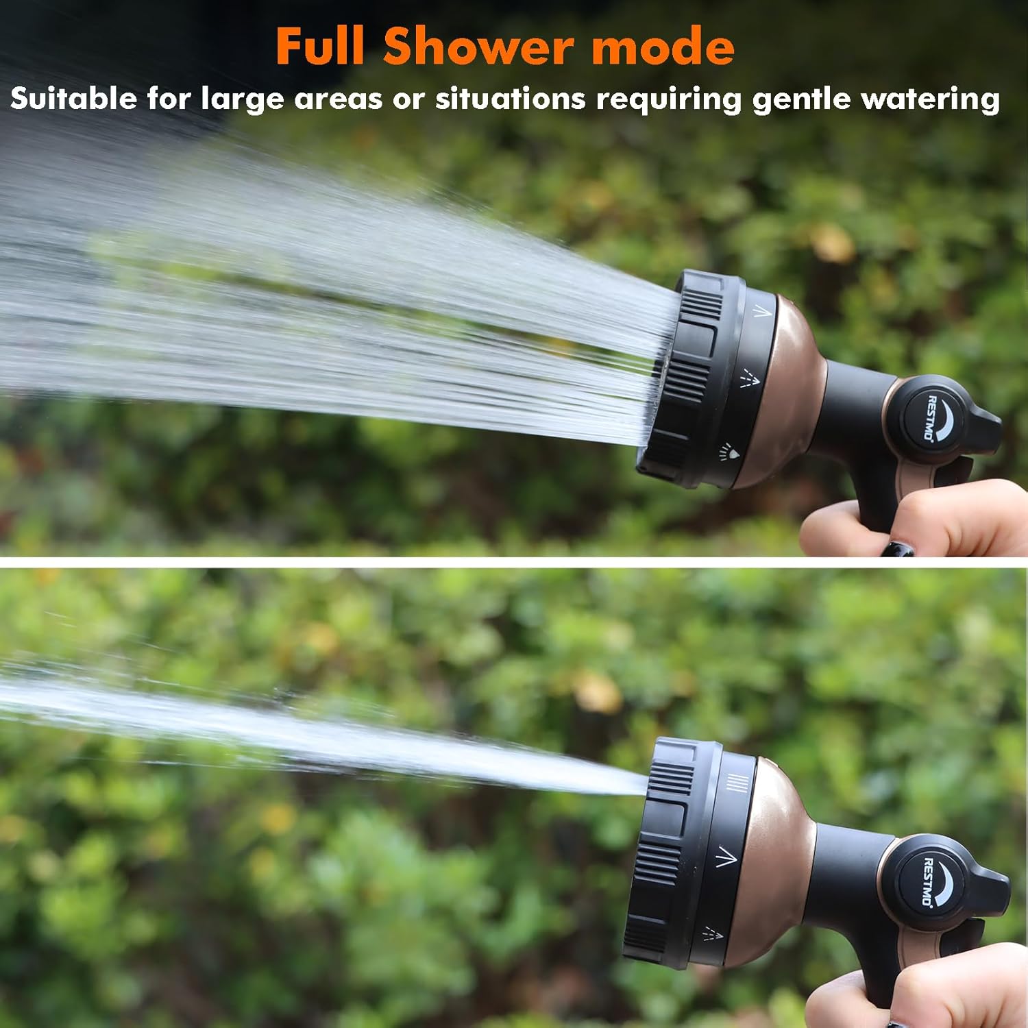 RESTMO Full Shower Hose Nozzle, Metal Spray Nozzle for Garden Hose, 8 Spray Patterns, Water Hose nozzle with Thumb Control, Ideal for Outdoor Lawn & Plant Watering, Car & Pet Washing, Brown