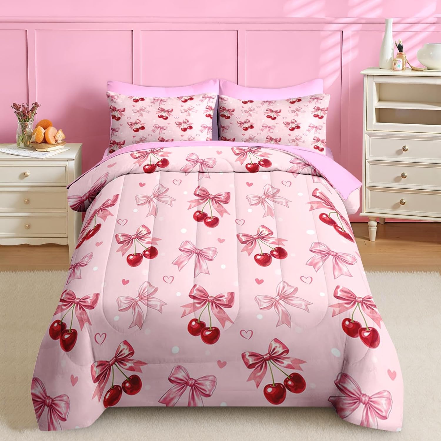 Nesker 7 Pcs Comforter Set Queen Size, Cherry Bow Bedding for Kids Teen with Fitted Sheet 2 Pillowcases & 2 Shams for Bedroom Bed Decor