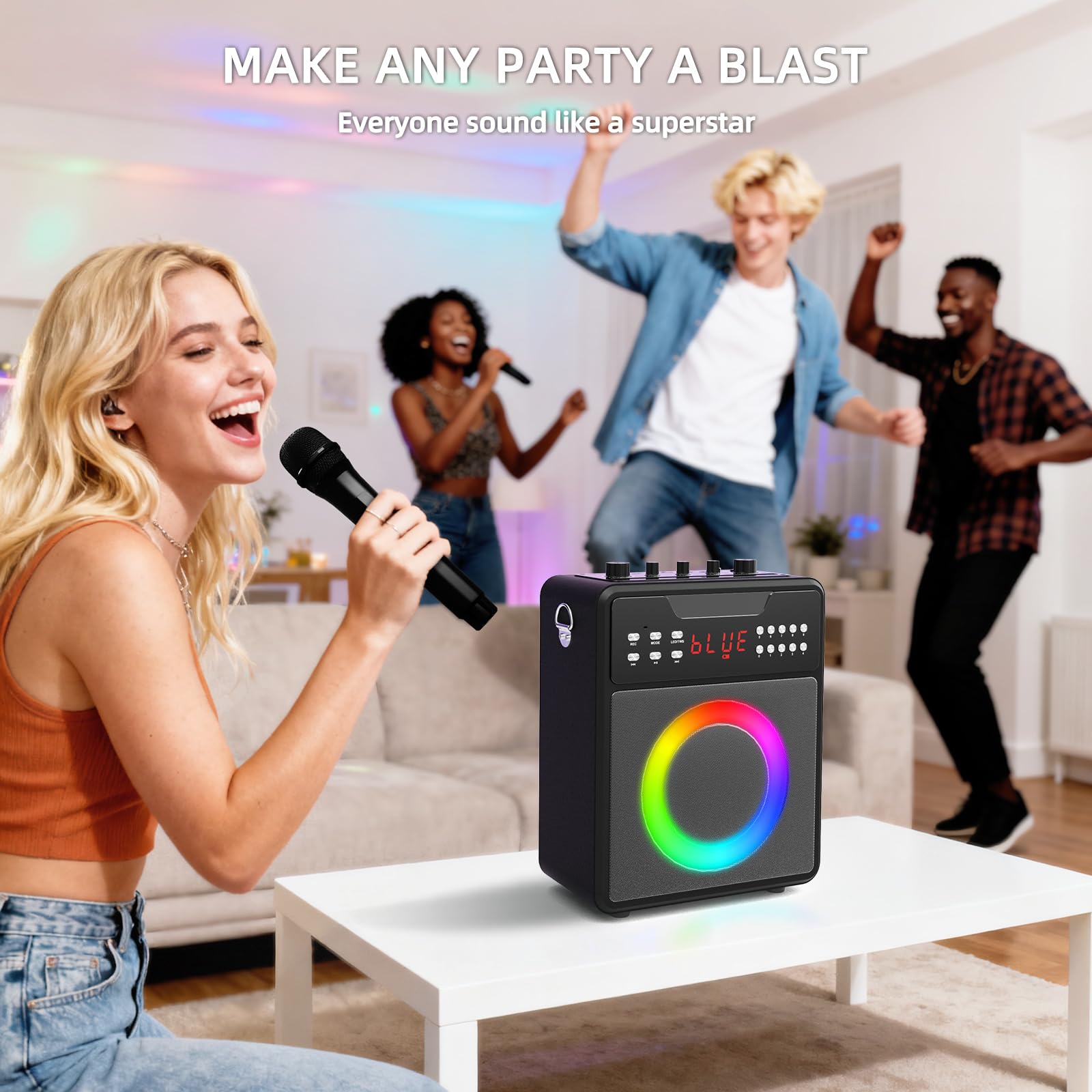Máquina de karaoke para adultos y niños, máquina de karaoke portátil con 2 micrófonos inalámbricos, altavoz de karaoke con luces LED, soporta USB, entrada auxiliar, tarjeta TF para fiestas en casa y