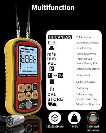Digital Ultrasonic Thickness Gauge Industrial, Range 0.039 to 8.85 in with Probe for Measuring Metal and Nonmetal Materials, Steel, Silver, Plastic, Glass, PVC, Pipes,HD Color LCD