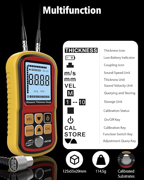 Digital Ultrasonic Thickness Gauge Industrial, Range 0.039 to 8.85 in with Probe for Measuring Metal and Nonmetal Materials, Steel, Silver, Plastic, Glass, PVC, Pipes,HD Color LCD
