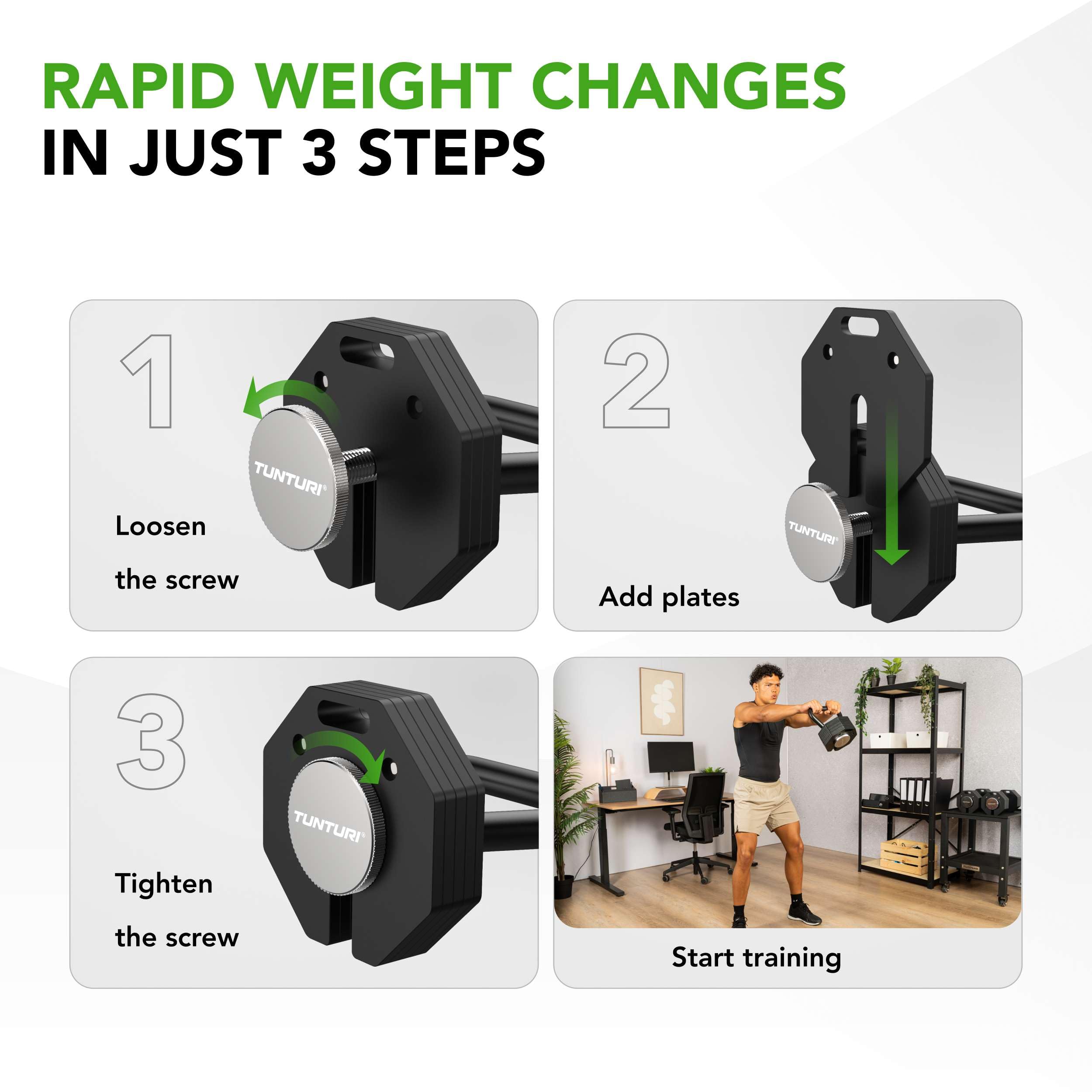 Tunturi Rapid - Manubrio Kettlebell regolabile - Set da 3,5 kg - Regolabile da 2,5 a 3,5 kg - 2 Kettlebell in uno - Kit pesi per palestra a casa