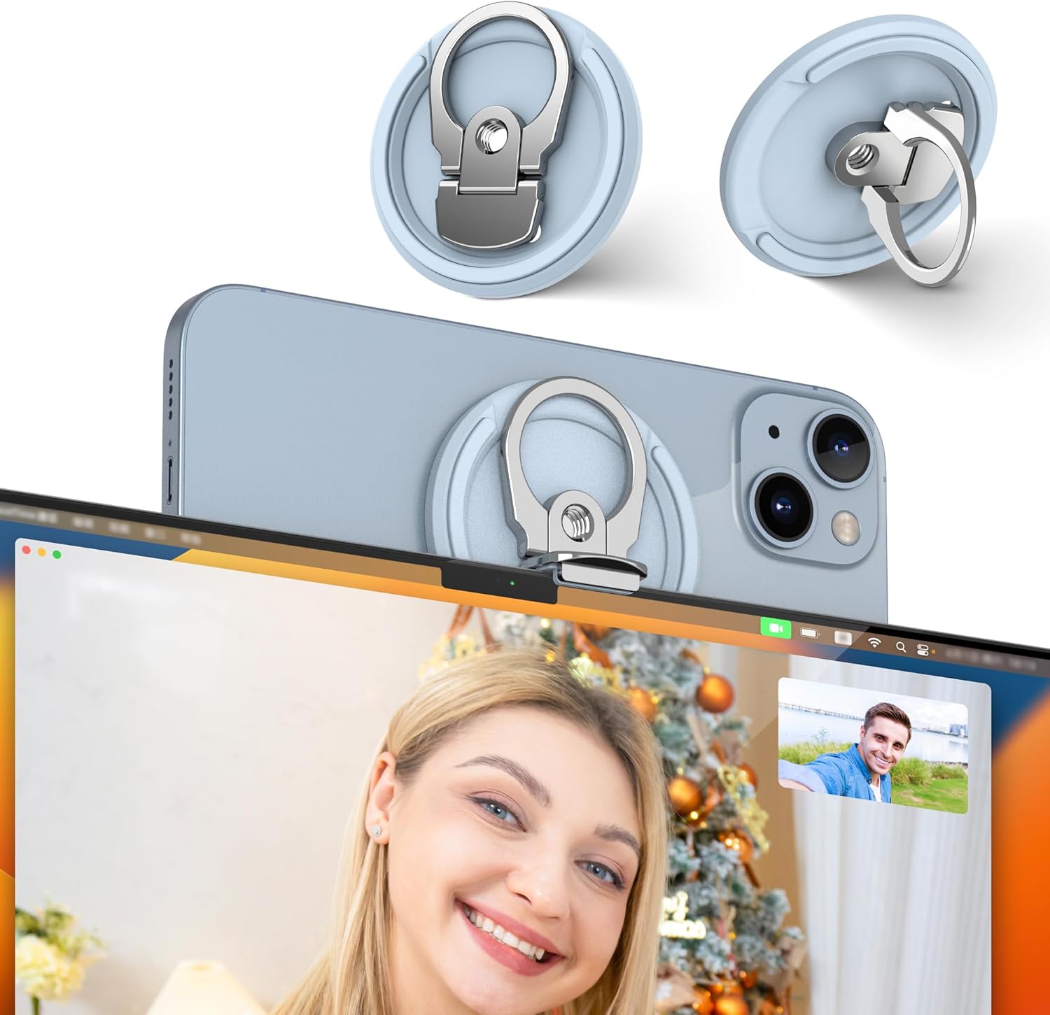 PROfezzion Continuity Camera Mount with for MacBook Laptops, Strong Magnetic Phone Holder for iPhone 16 15 14 13 12 Series, Phone Webcam Mount for iOS 16 & Mac OS Ventura or Later (BLUE) Thumbnail