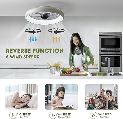 Miniatura 41 de Moderno ventilador de techo de montaje empotrado de 20 pulgadas con luces, 6 velocidades de viento, LED, dormitorio, cocina Negro-Y1095-BK02