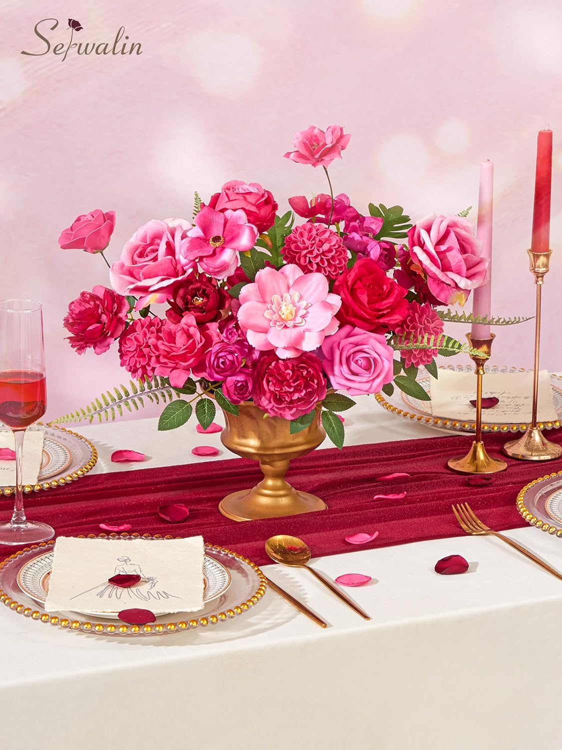 Serwalin Artificial Flowers Hot Pink Magenta Fake Silk Flowers for DIY Wedding Bridal Bouquet Cake Flowers Table Centerpieces Home Decorations Baby Shower Floral Arrangements Fuchsia
