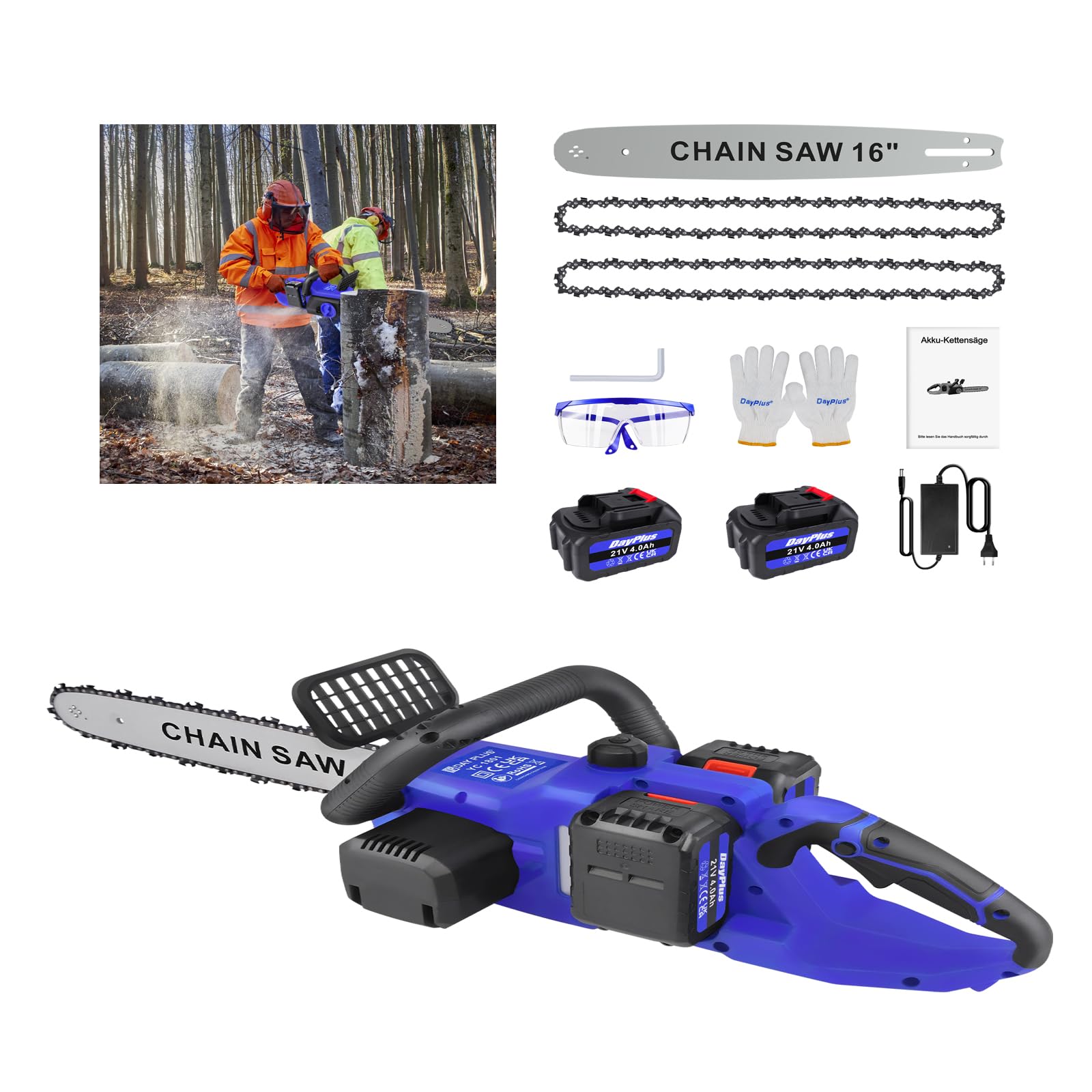 HSHa Motosierra de mano de 16 pulgadas, con 2 baterías de 4,0 Ah y cargador, lubricador automático y guía de cadena de 41 cm, color azul