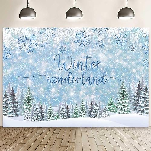Miniatura 1 de MEHOFOND Telón de fondo de invierno de 7 x 5 pies, diseño de copo de nieve azul, fondo de fotografía de bosque con purpurina para decoración de