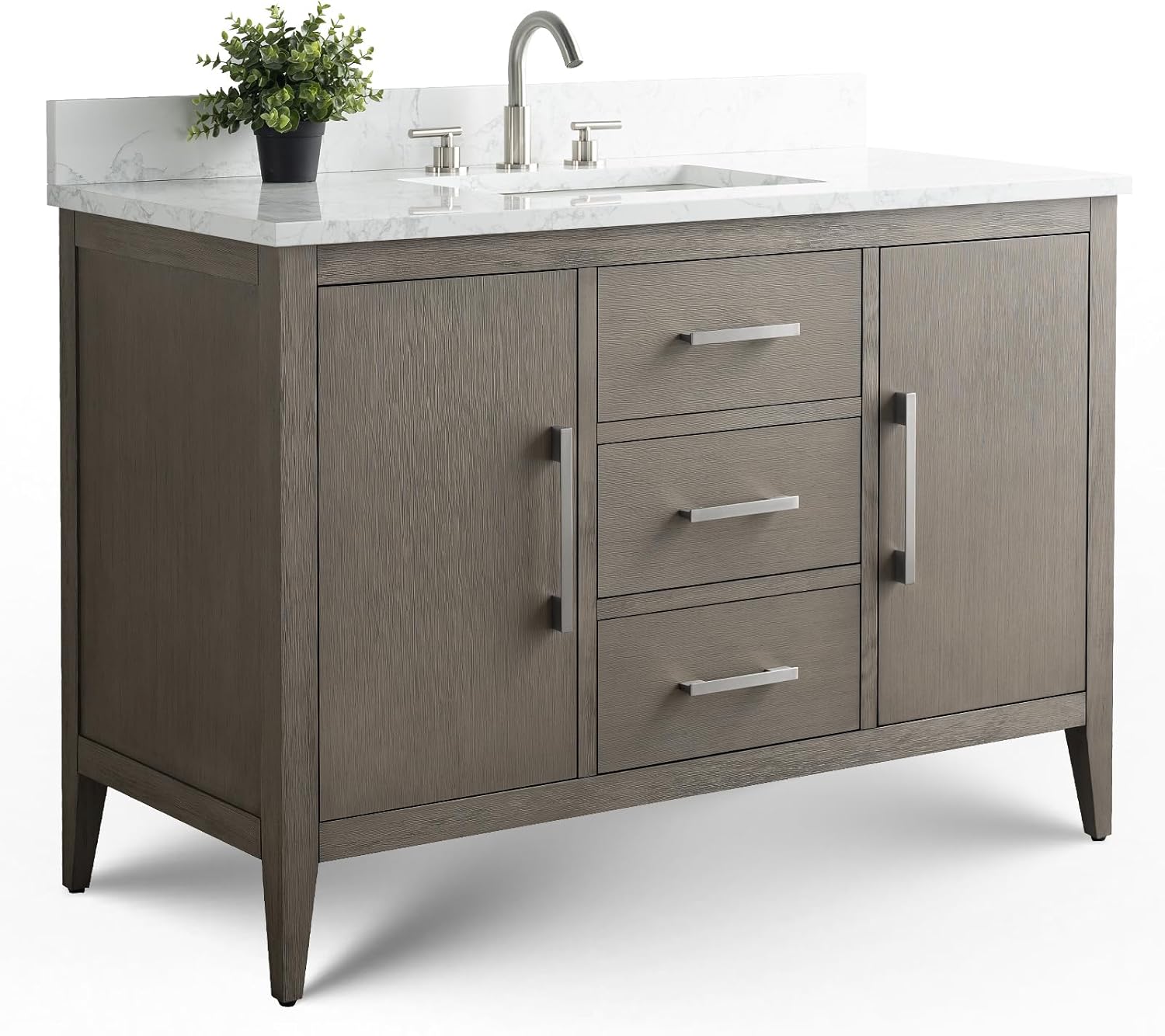 Vanity Art 48 inch Bathroom Vanity with Single Sink & Ceramic Top, Solid Wood Vanity Cabinet with Soft-Closing Doors, Drawers, Driftwood Gray, Brushed Nickle Handware