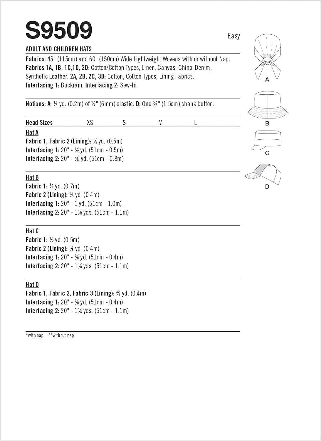 Simplicity SS9509A Adult and Child Hat Sewing Pattern Kit, Code S9509, Sizes Adult XS-S-M-L/Kid's XS-S-M-L