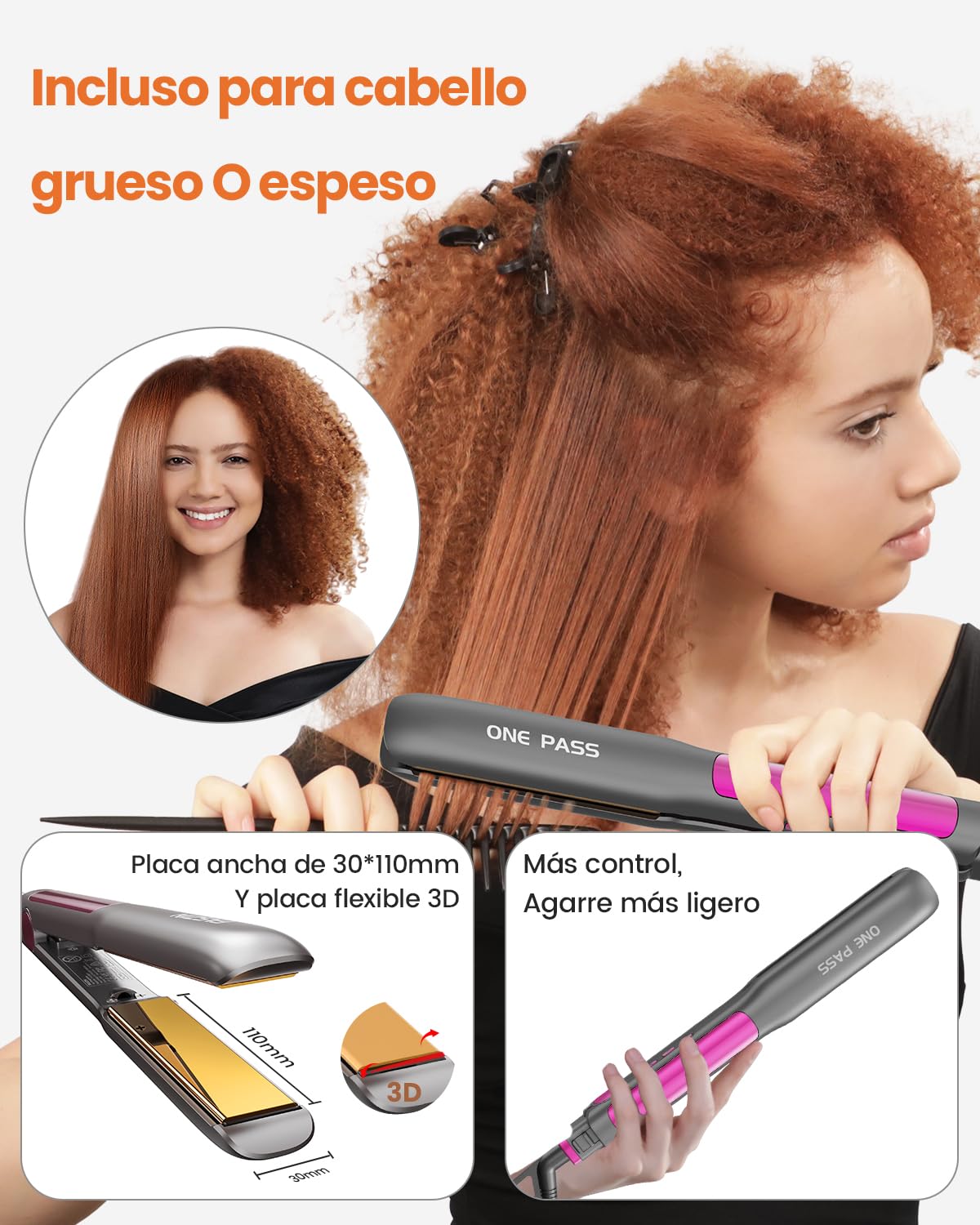 Faszin - Plancha para pelo con placas de titanio liso, plancha para alisar negativos iones protector, 20S calienta rápido, pantalla LCD, voltaje universal, alisador de pelo 2 en 1 (gris)