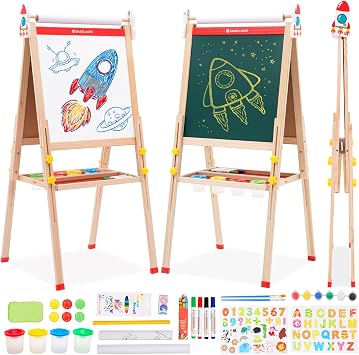 Wooden Art Easel for 2-12 Years Old Kids Double Sided Chalkboard & Whiteboard with Paper Roll Foldable Storage Tray Gift for Boys and Girls
