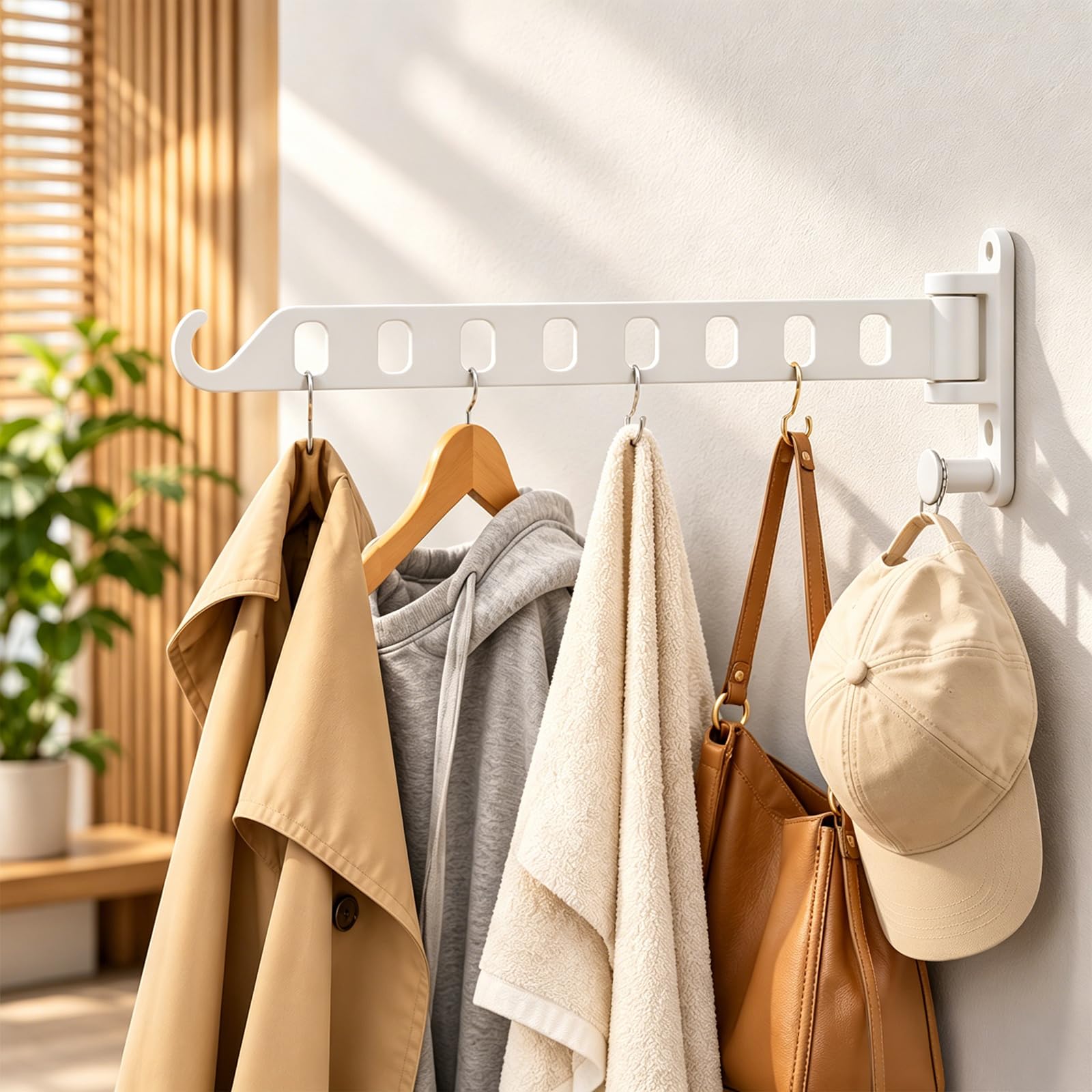 TIANLIN Appendipanni Pieghevole a Muro, 8 Ganci in Lega di Alluminio, Rotazione 180°, con Kit di Montaggio e Copriganci – Bianco – Per Bagno, Balcone, Camerino, Hotel, Dormitorio