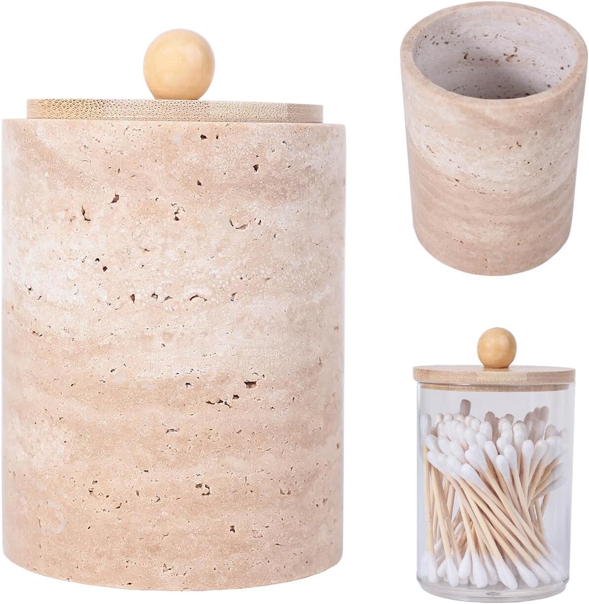 Travertine Marble Qtip Holder Dispenser with Bamboo Lid & Clear Plastic Inner Jar - Bathroom Vanity Organizer for Cotton Swab, Ball, Makeup Pads, Floss - Storage Container (Beige Travertine)