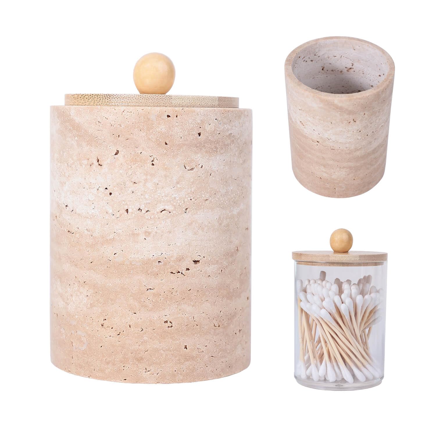 Travertine Marble Qtip Holder Dispenser with Bamboo Lid & Clear Plastic Inner Jar - Bathroom Vanity Organizer for Cotton Swab, Ball, Makeup Pads,