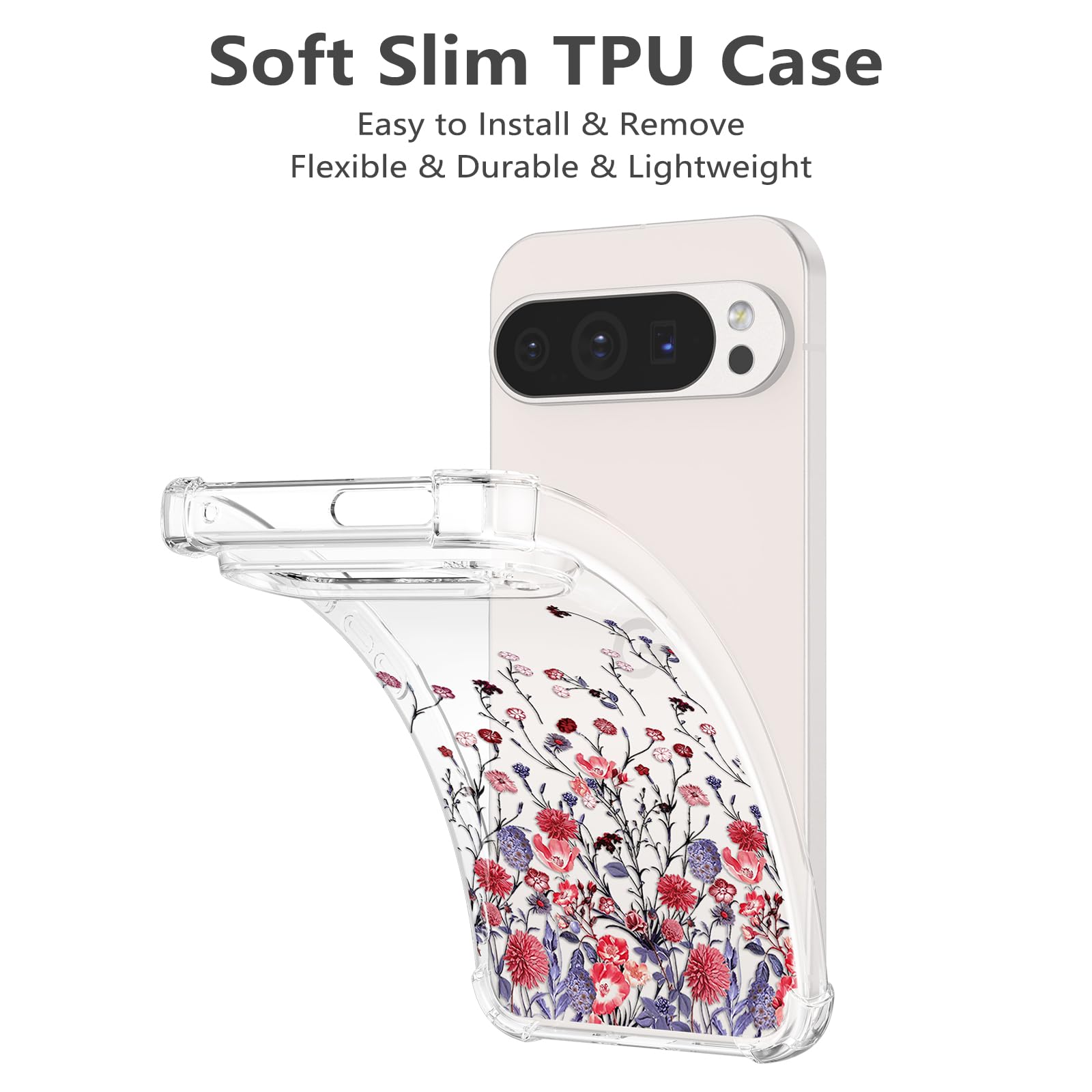 RALEAVO Compatible with Google Pixel 9 Pro XL Clear Floral Case Girly Soft Slim Bumper Case with Flower Pattern for Pixel 9 Pro XL-Red Flower - Image 4