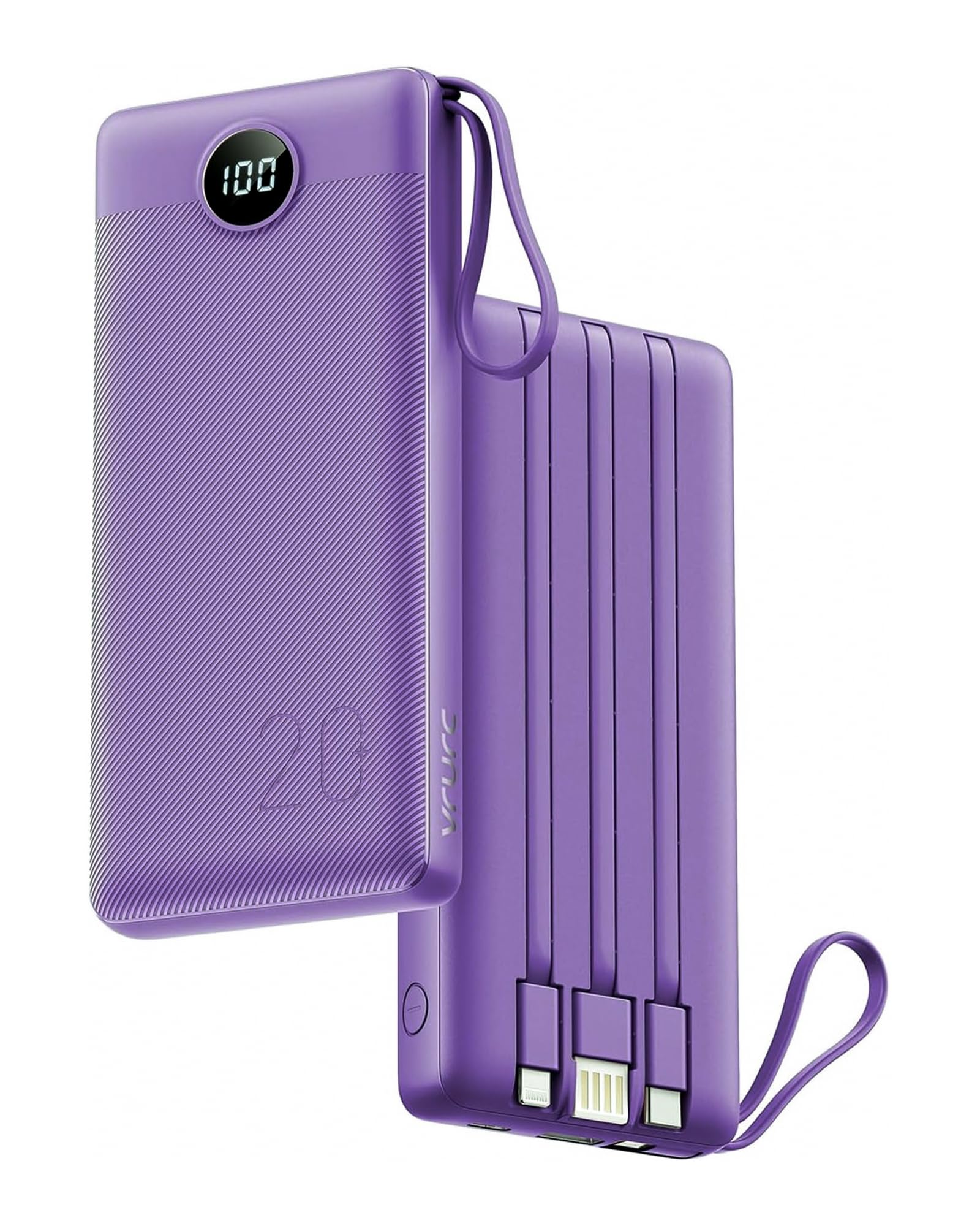 VRURC Power bank con Cavi Incorporati 20000mAh, PowerBank USB C a Ricarica Rapida da 22,5 W, Display LED Ricarica con 4 Uscite 2 Ingressi per iPhone 15/14/13/Pro,Android-Viola
