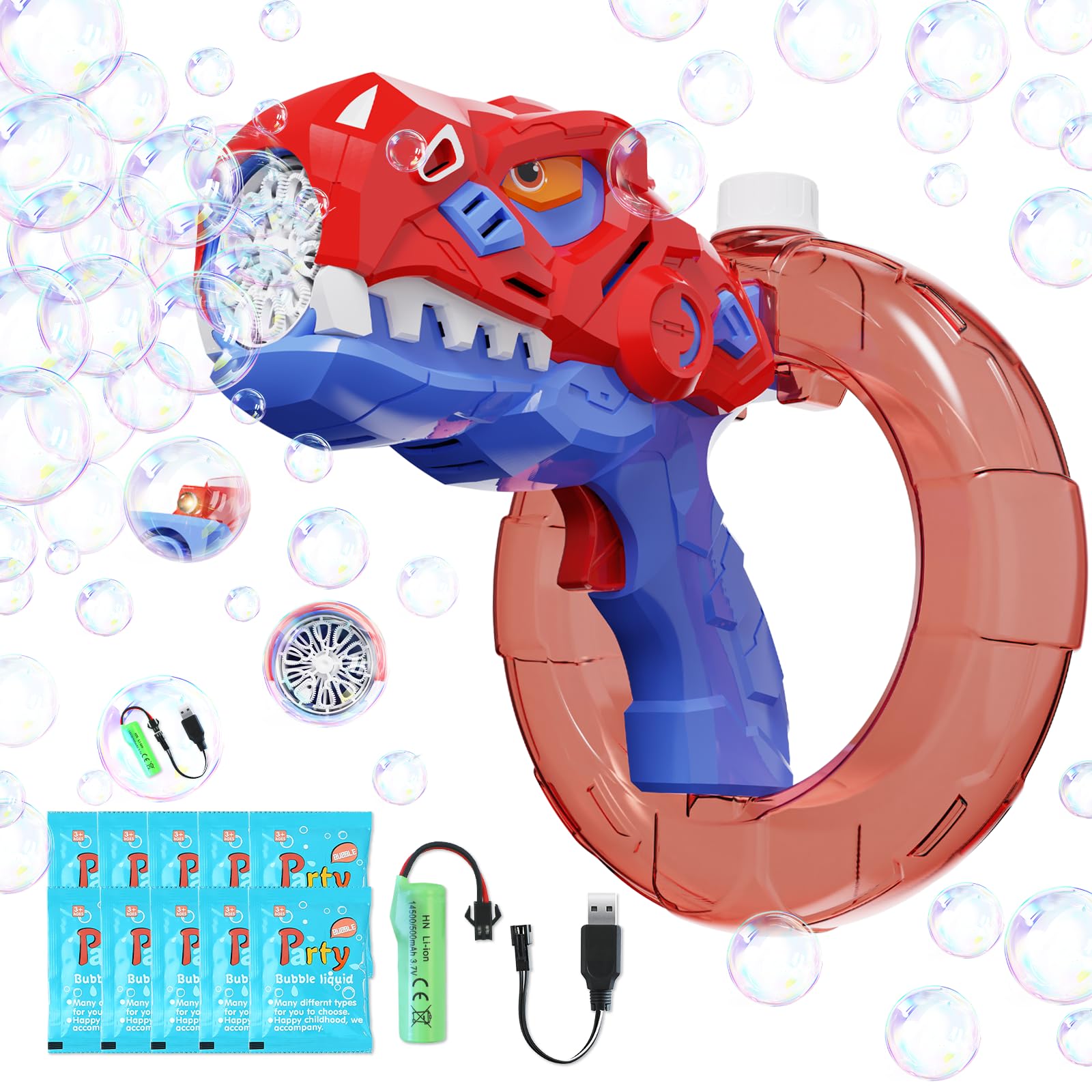 Bubble Gun, Bubble Machine Gun for Kids 4-8, Automatic Dino Bubbles Gun with Refill Solution for Toddlers 3-5, Rechargeable Bubble Maker Blower Outdoor Summer Toys for Kids Ages 4-8 (Red)