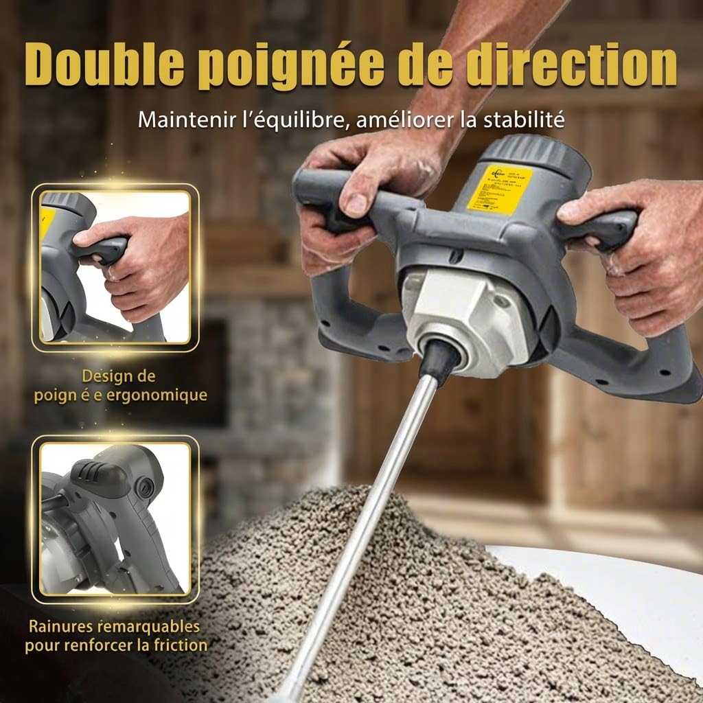 Malaxeur Mortier Colle 1200W, Malaxeur Beton 220V, Professionnel Melangeur Beton Avec 6 Vitesses (500-1050 tr/min), Betonniere Électrique Pour Mélanger Aliments/Plâtre/Peinture/Ciment/Mortier