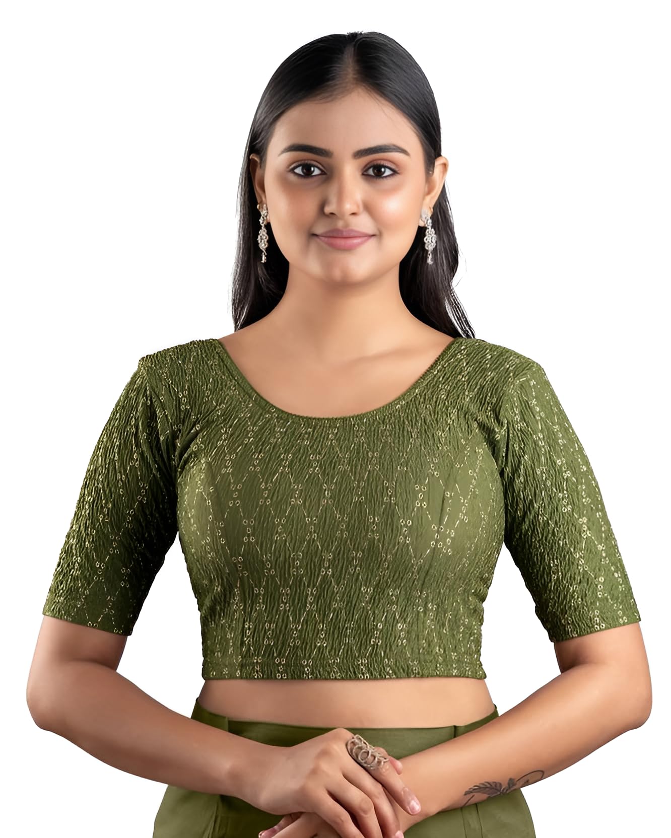 SmartLady Women's Stretchable Readymade Blouse with Diamond Pattern – Elbow Sleeve, Soft Crush Fabric (Size 28 to 40)-picture-61