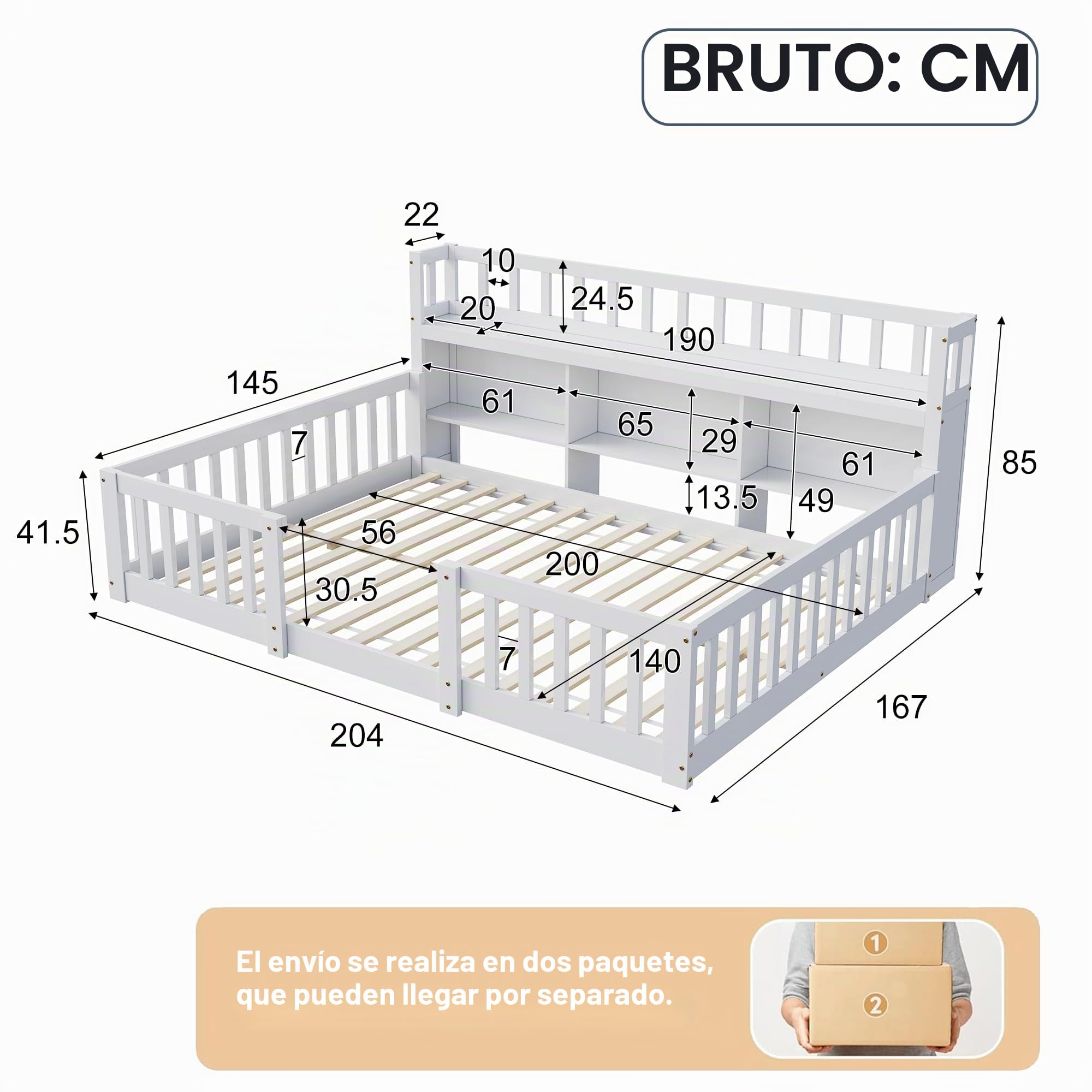 Cama en el suelo Montessori para niños, 140 x 200 cm, cama de suelo de madera con biblioteca integrada y guardabarros, cama infantil en el suelo con somier de láminas, blanco (sin colchón)