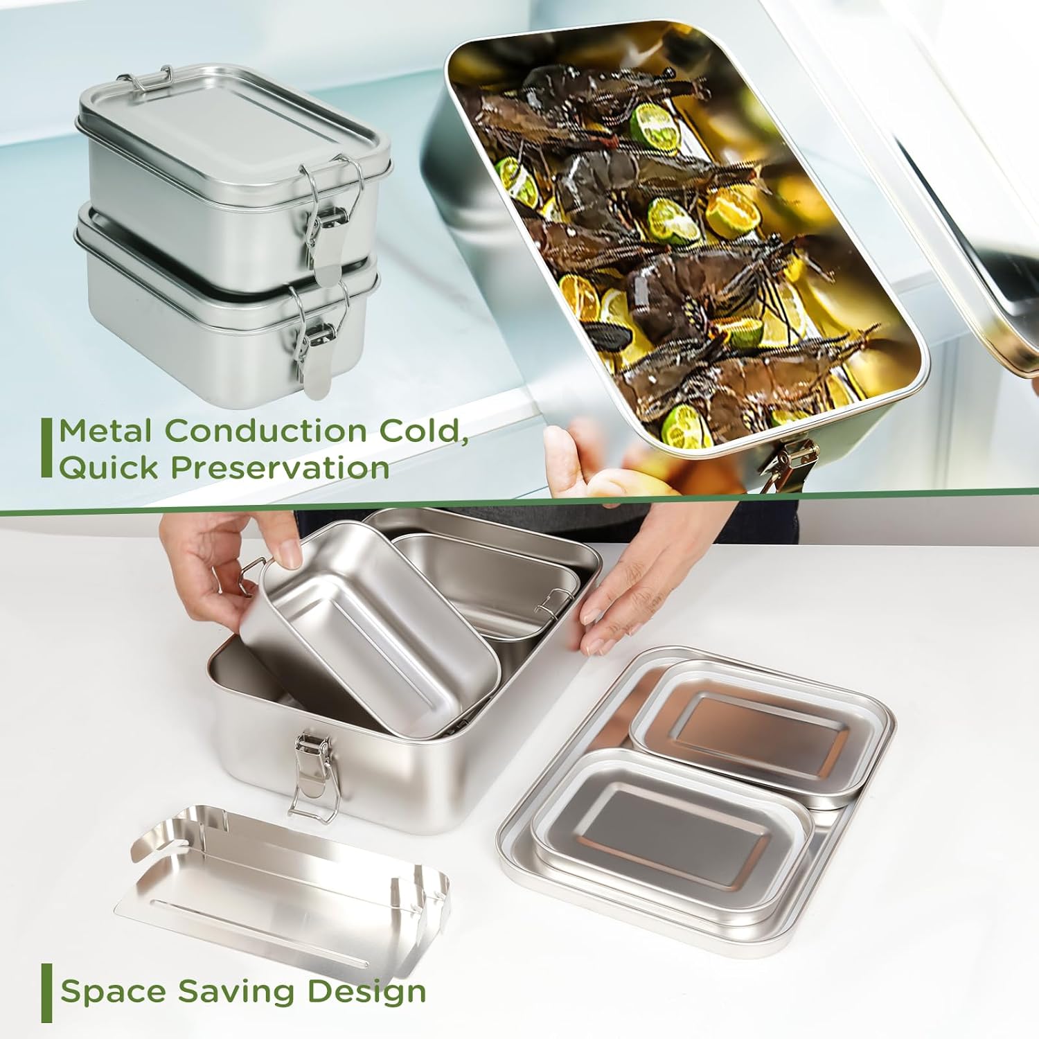 304 Stainless Steel Bento Box 3 Pack - Stainless Containers With Lids - Leak-Proof & Stackable - 2400/550/550ml - Food Storage for Soup, Salad, Leftovers