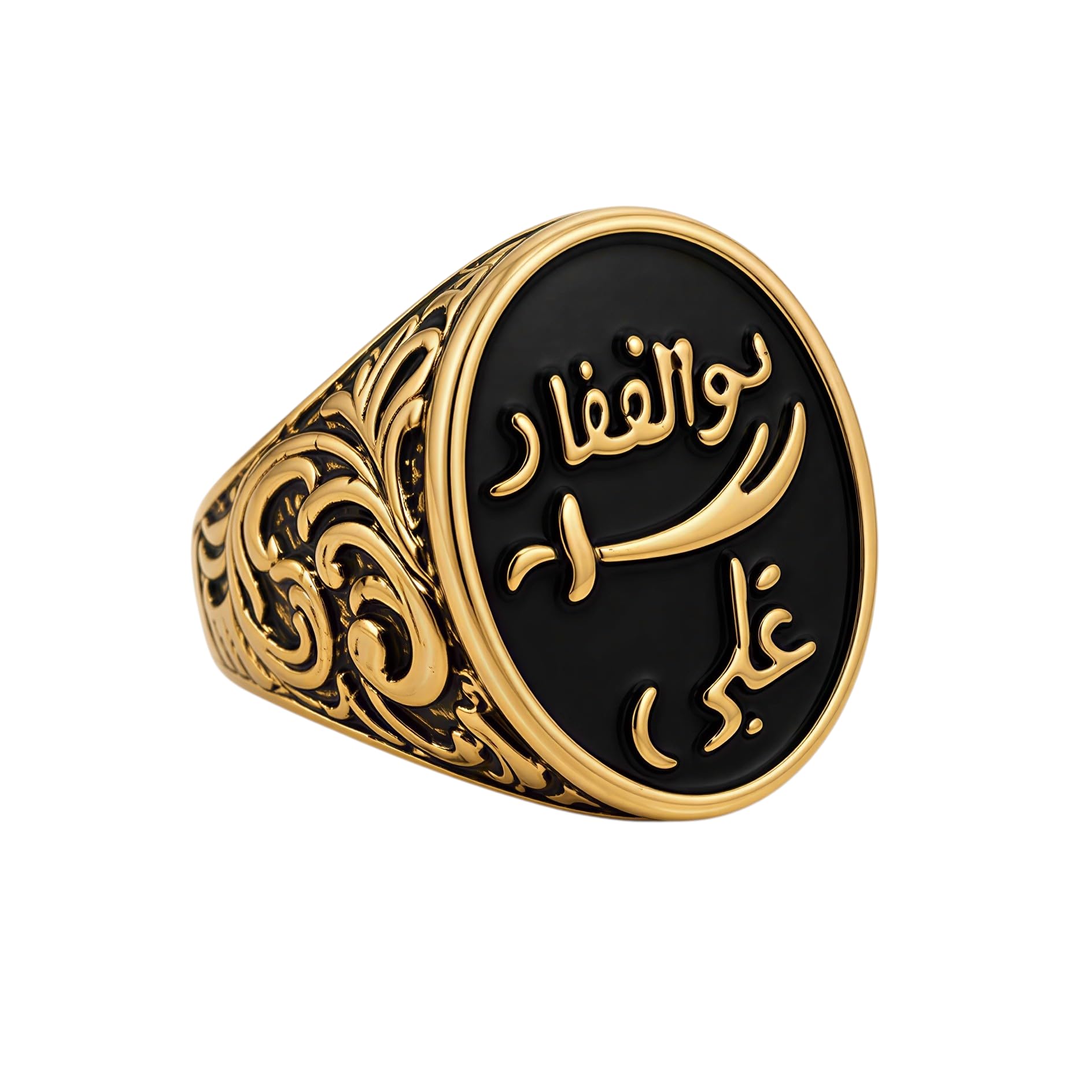 Mens Arabic Calligraphy Ring | Oxidised Gold Plated Signet Ring for Men | Black Stone Islamic Engraved Ring | Stylish Statement Jewellery | Gift for Men | Premium Antique Finish-picture-24