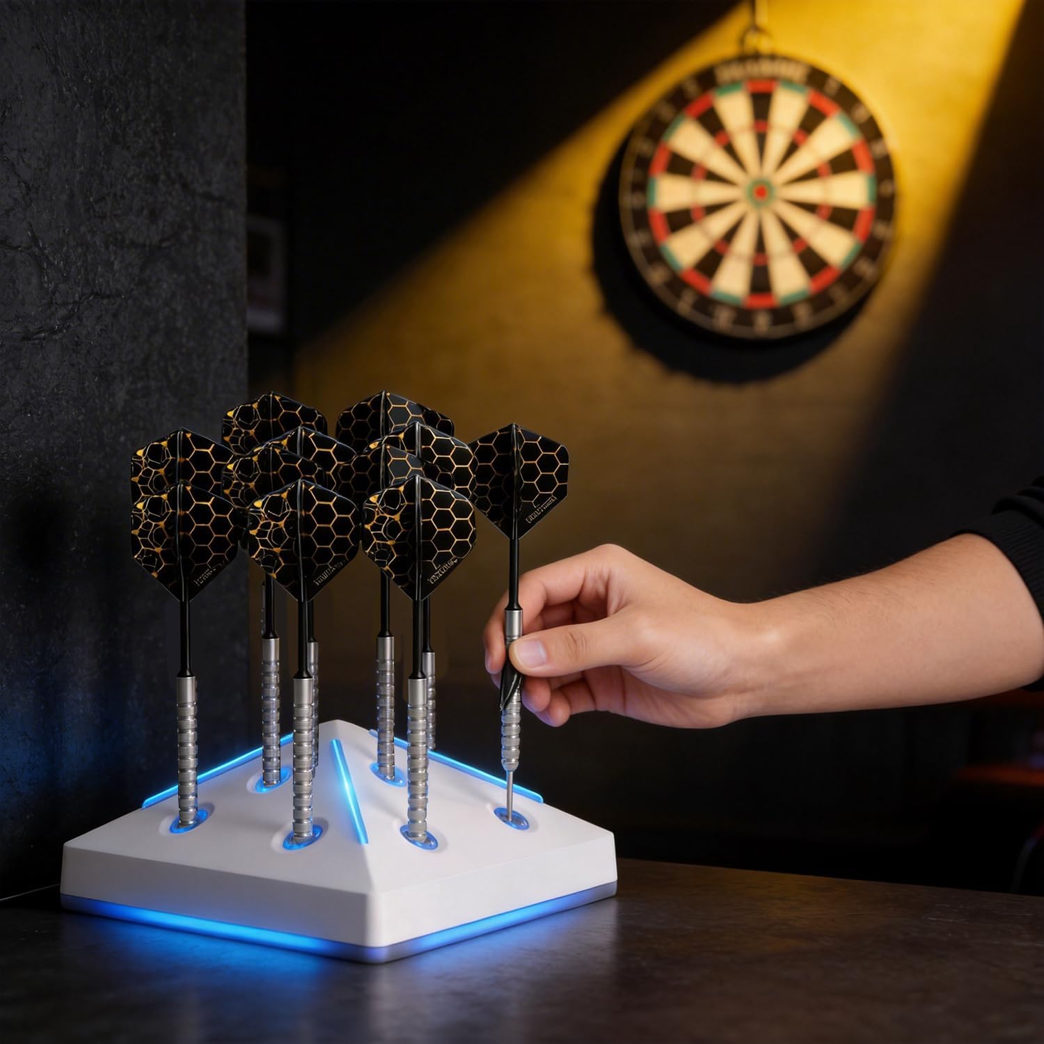 Dart Holder Stand 12 Darts Display, Tabletop Dart Station with Light, 7 RGB Colors & Breathing Mode for Steel & Soft Tip Darts Display and Storage