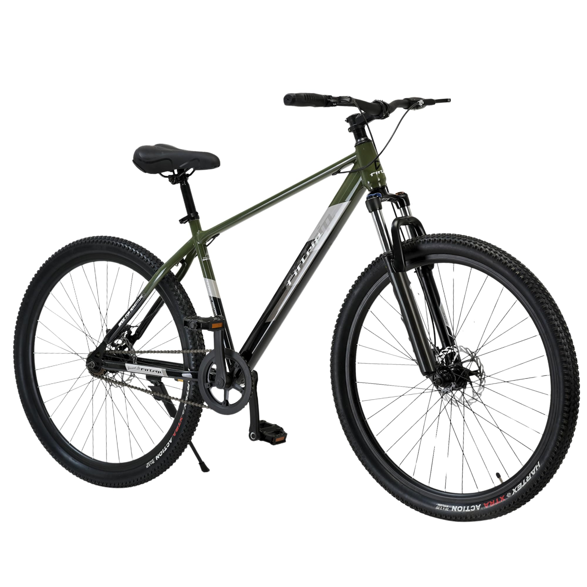 FitTrip Dominator 29 Inch Unisex MTB Cycle Without Gear | Zoom Lockout Suspension | Clarks Dual Disk Brakes | Dual Tone Paintjob with Crystals | Zero Maintenance (Military Green)