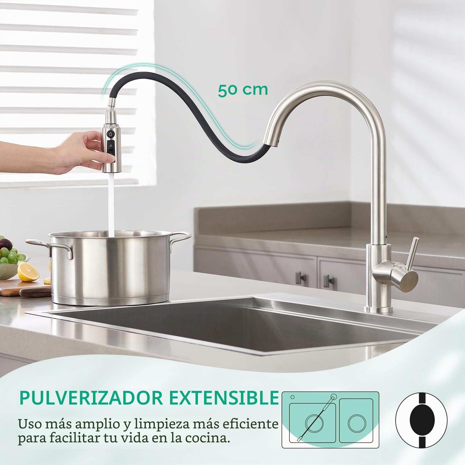 CREA Grifo de cocina de 3 vías,Giratorio a 360° Grifo Monomando Fregadero De Cocina Para Filtro De Agua,3 En 1 Grifo De Fregadero De Cocina Para Sistemas De Ósmosis Latón,Acero Inoxidable Cepillado