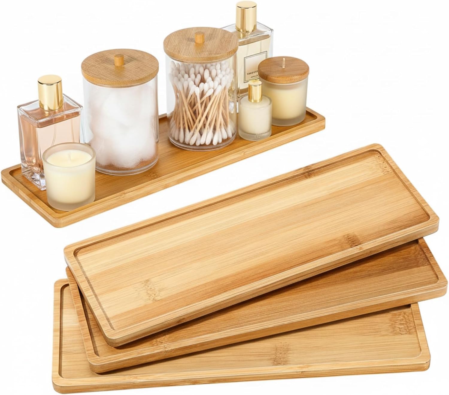 Chengu 3-Pack Bamboo Vanity Trays for Bathroom Counter - 11x4 Inch Rectangular Wooden Serving Trays for Kitchen, Tea, Snacks, Candles & Home Decor