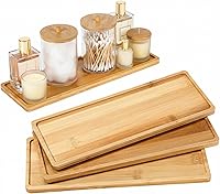 Chengu 3-Pack Bamboo Vanity Trays for Bathroom Counter - 11x4 Inch Rectangular Wooden Serving Trays for Kitchen, Tea, Snacks, Candles & Home Decor