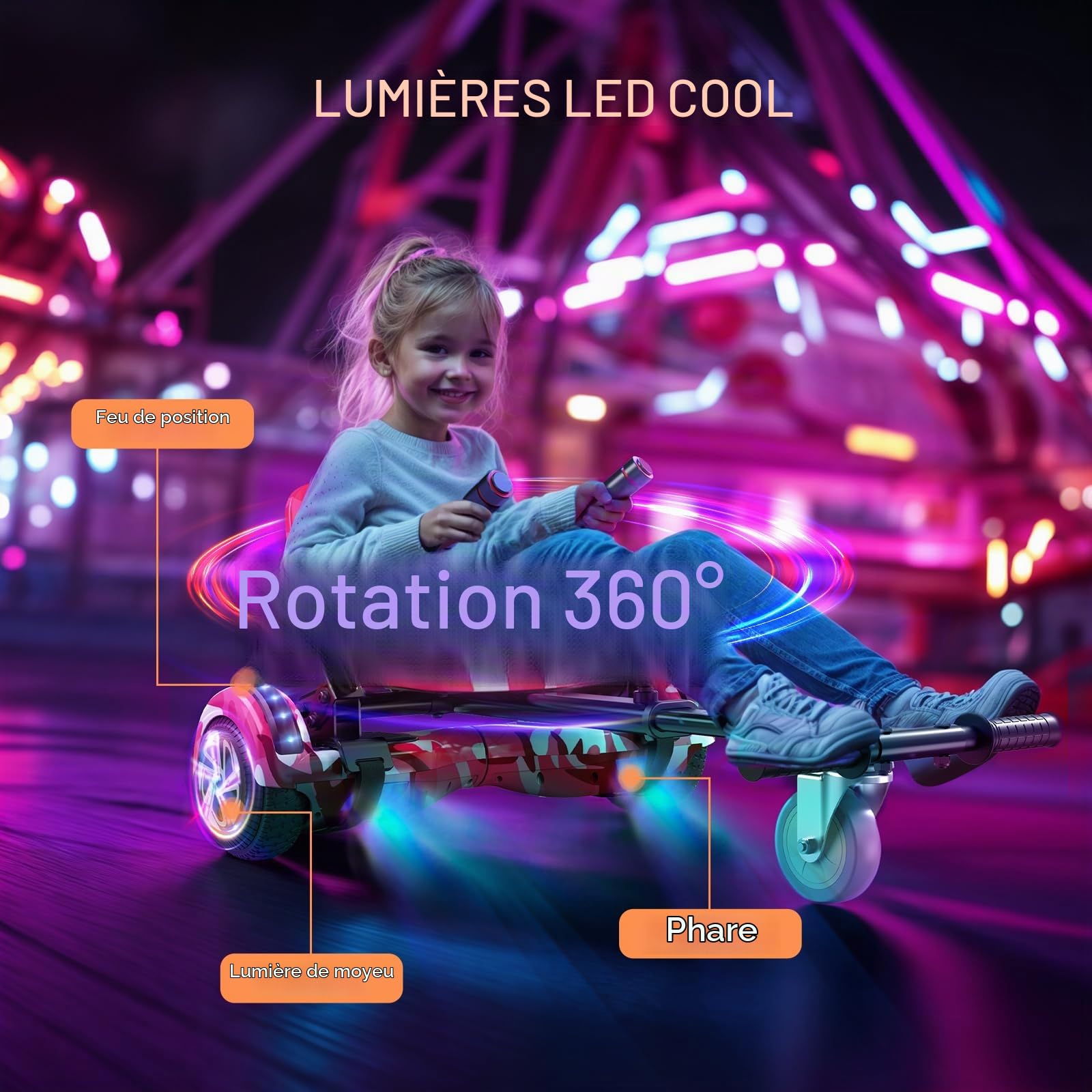 SISIGAD Hoverboard avec Kart, Go Kart 6,5 Pouces, Hoverboard Tout Terrain Auto-équilibré avec Haut-parleurs Bluetooth et Lumières LED, Cadeau pour Enfants, Rose Camouflage