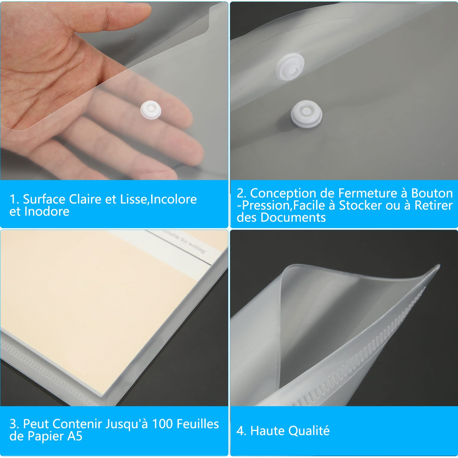 Lot de 60 Pochette Porte Document A5 Transparente, Pochette Plastique A5 en Polypropylène avec Bouton pour l'organisation de Bureau de Travail à Domicile à l'école