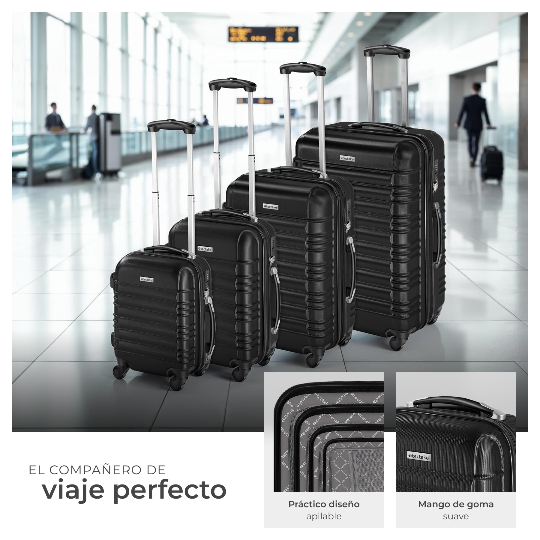 tectake® Juego de 4 Maletas Rígidas de Plástico ABS, Tamaños XL-L-M-S, Set Maletas Viaje con Ruedas de 360º, Cerradura de Combinación TSA, Asa Telescópica de Aluminio, Interior Compartimentado - negro