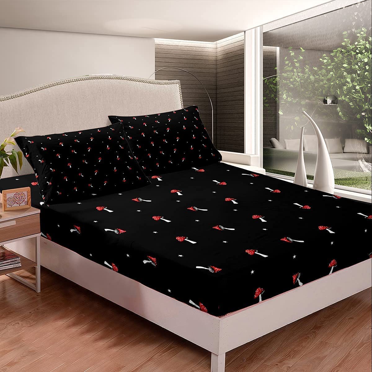 Loussiesd Mushrooms Bed Sheet Set Kids Cute Botanical Plants Print Fitted Sheet Kawaii Mushroom Bedding Set for Girls Boys Teens Bed Cover Soft Room Decor King Size(1 Fitted Sheet +2 Pillowcase) โ image 1