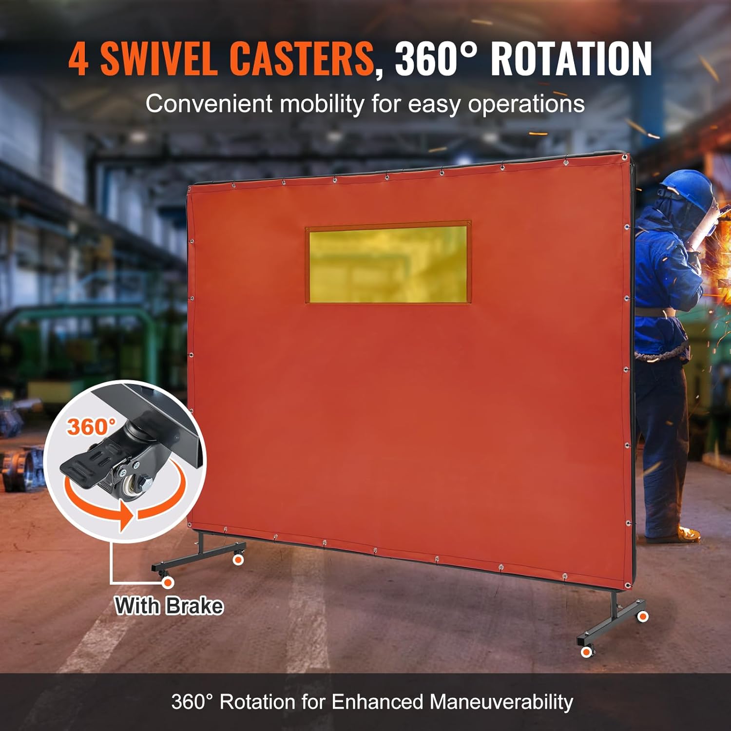 VEVOR Welding Screen with Frame, 6' x 8' Welding Curtain Screens, Flame-Resistant Vinyl Welding Protection Screen with 4 Swivel Wheels (2 Lockable) & Transparent Window for Workshop/Industrial, Red
