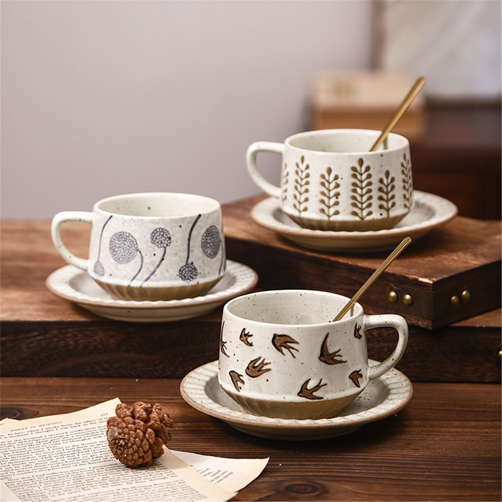Tazas de cerámica Juego de taza café/té cerámica con diseño vintage hierba y flores, platillo cuchara, 300 ml Taza de café