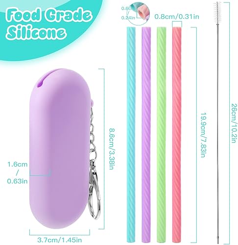 Miniatura 2 de Juego de 4 popotes de silicona con funda, reutilizables, de silicona, plegables, portátiles, para fiestas, viajes, con 4 fundas de transporte, 4