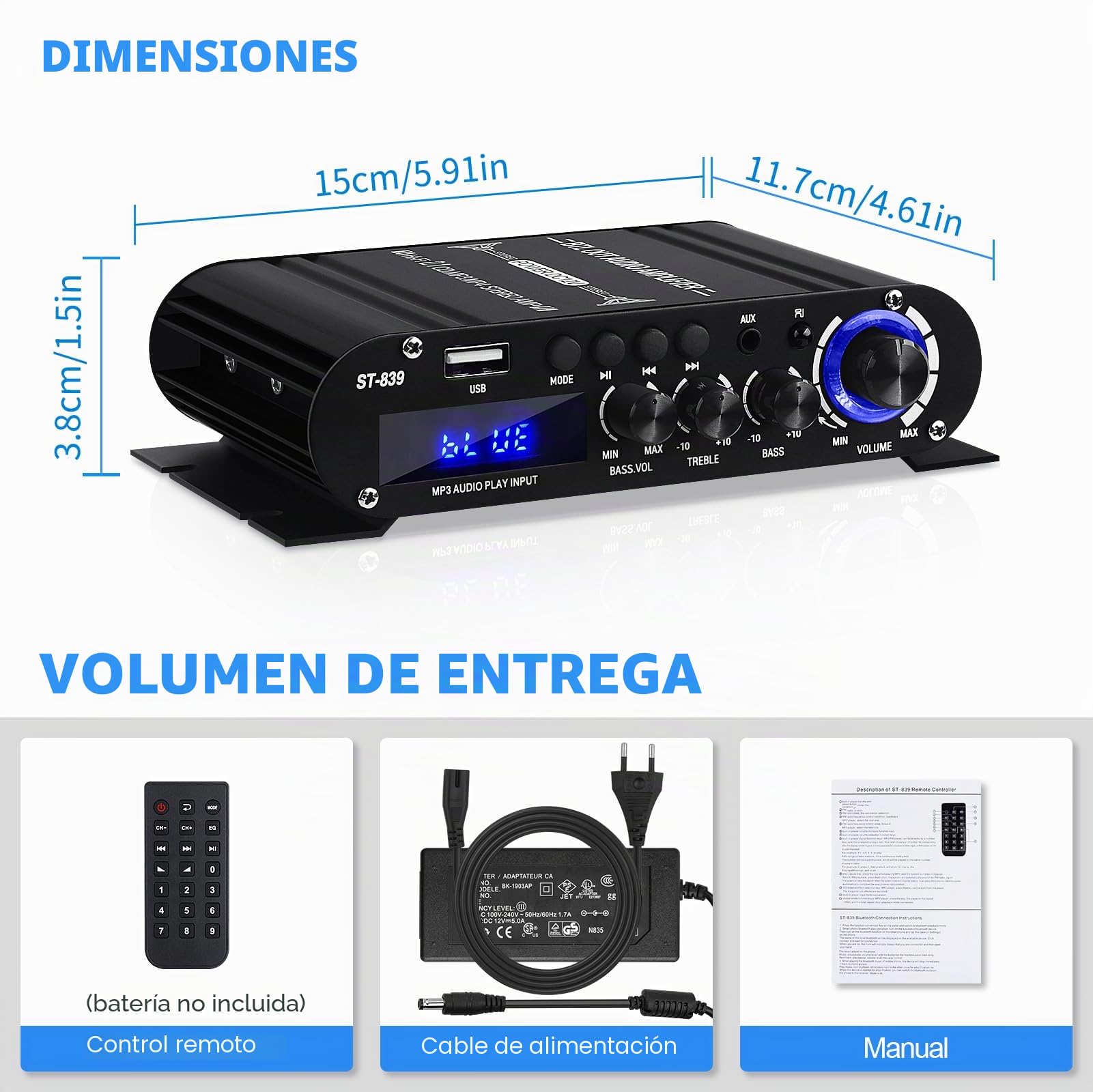 ST-839 amplificador Bluetooth 2.1 canales estéreo amplificadores receptores RMS 25x2 + 40W Max.100W Audio Amplificadores de potencia para el hogar Mini Sub amplificadores con agudos y graves, BT/USB