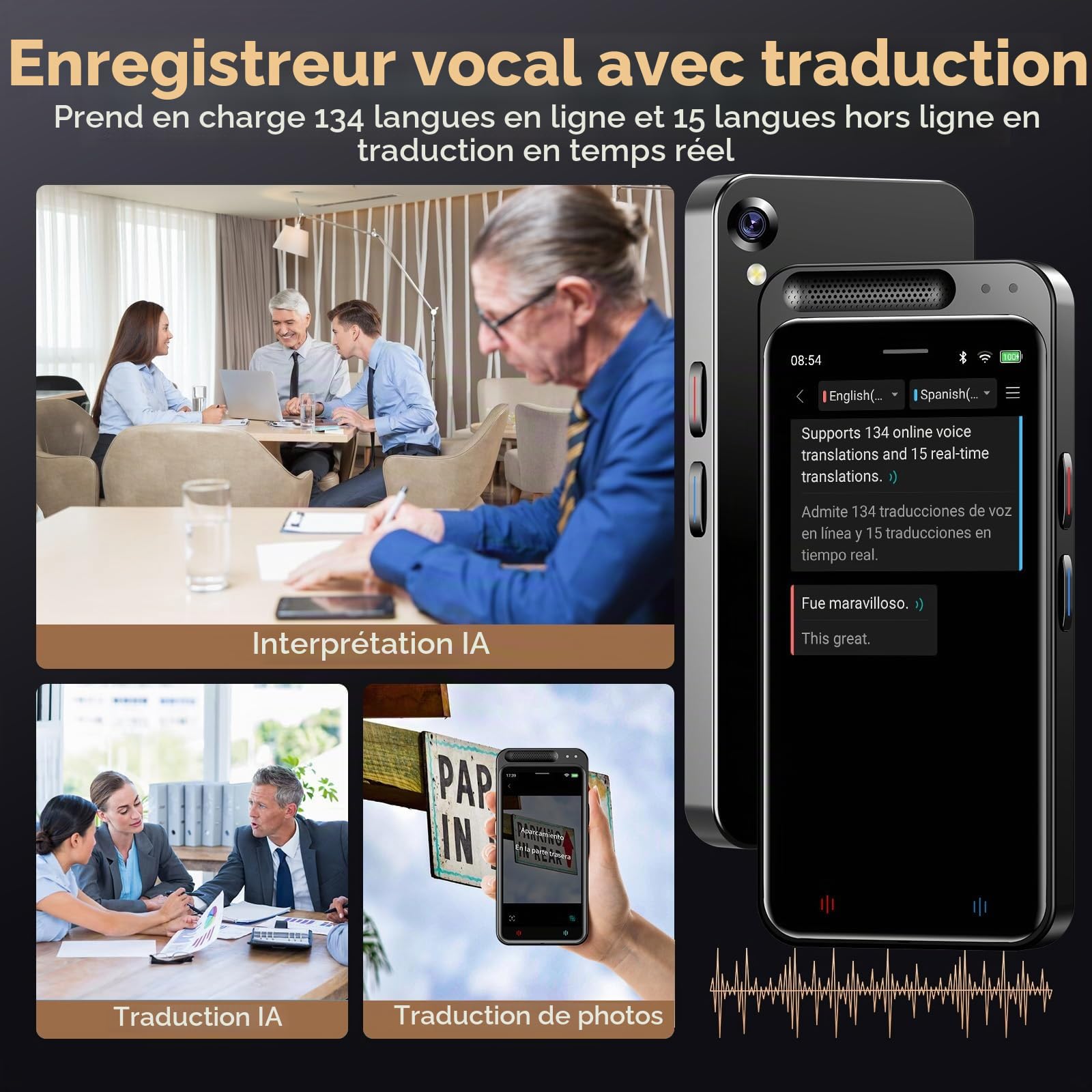 Dictaphone numérique avec fonction d'écriture IA et résumé, traduction en ligne, travail hors ligne de 134 langues, enregistreur vocal AI 80 Go pour conférences, réunions