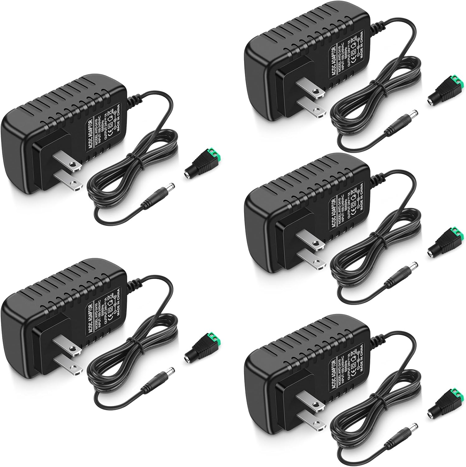 12V LED Strip Power Supply, 2A 24W Power Adapter, 12V Power Supply for LED Strip Lights Security Camera DVD Player, AC 100-240V to DC 12V Transformer, US Plug (5 Pack)
