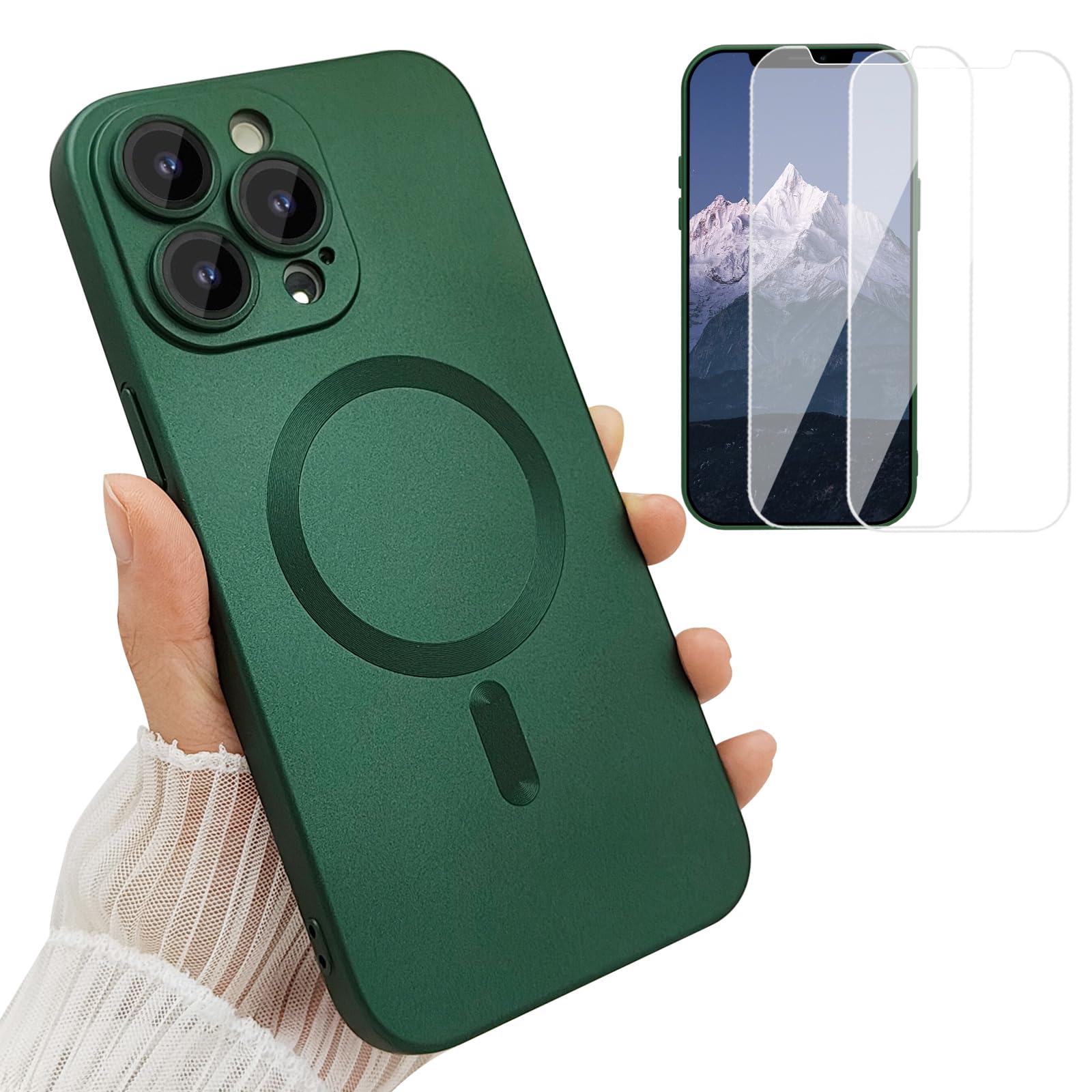 - Magnetic Case for iPhone 13 Pro Phone Case for Women, [Compatible with Magnetic] Matte Soft Metallic Design with Lens Protectors and 2 Screen Protectors for iPhone 13 Pro 6.1"-Green
