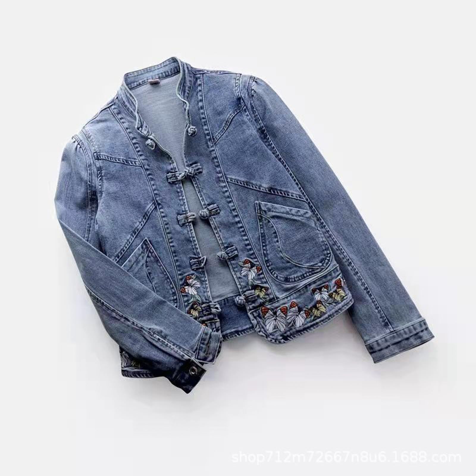 Vêtements Femme Hiver Brodé Court Vestes en Jean Manteau Basique Veste de survêtement Femme Bleu, bleu, L