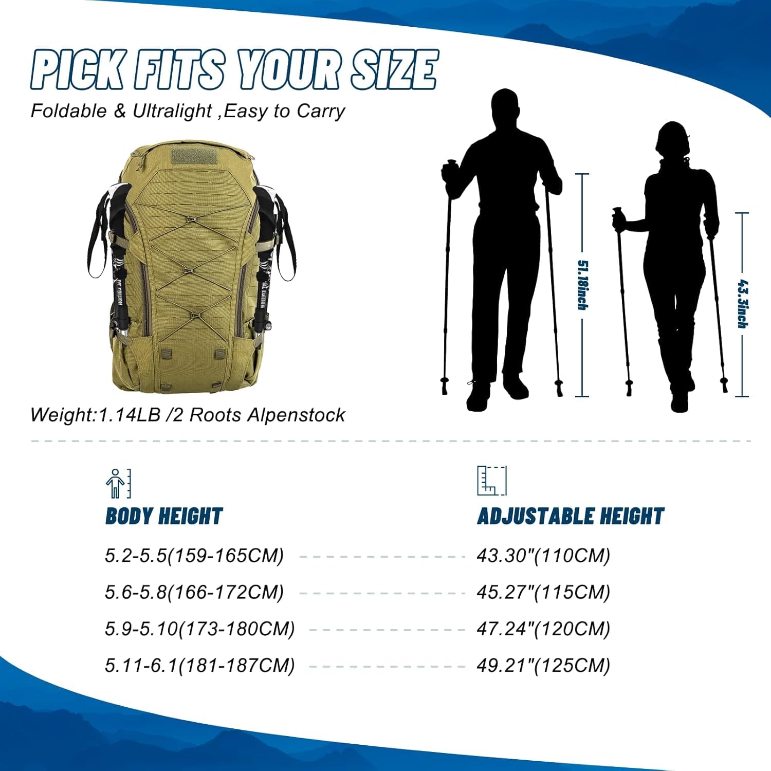 Wanderstöcke Faltbar 110 CM-130 cm, Bluefire Nordic Walking Stöcke für Damen und Herren, 7075 Aluminium Wanderstöcke, Mit 6 Paar Gummipuffern mit unterschiedlichen Funktionen