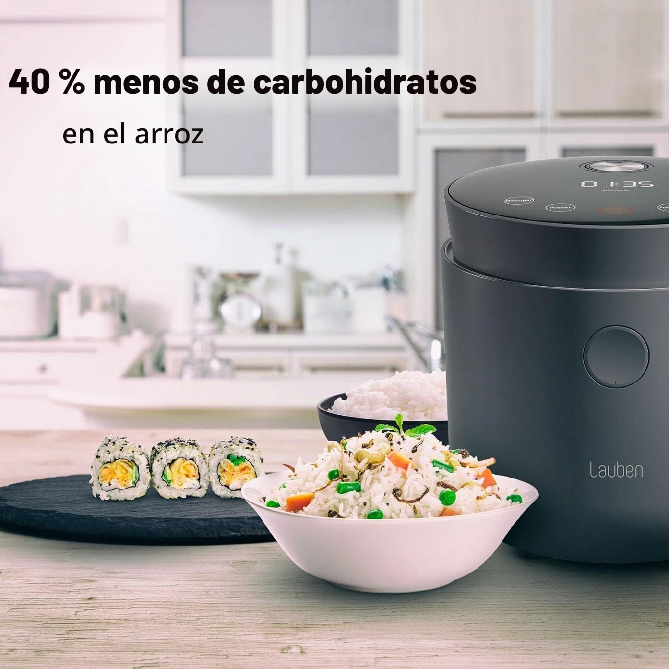Lauben LOW Sugar Rice Cooker, Olla arrocera con función baja en azúcar, 1,5 l, temporizador, función mantener caliente, recipiente interior apto para lavavajillas, antiadherente (Antracita)