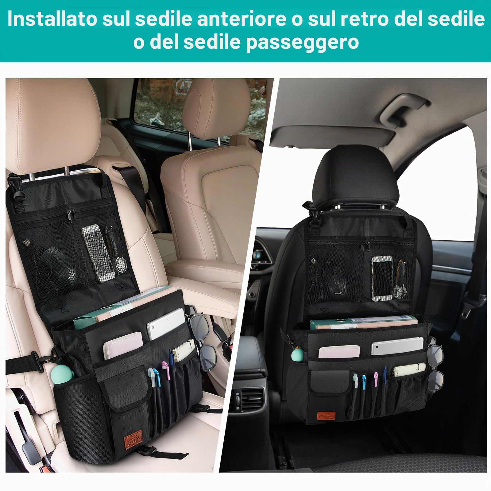 Eurhomewit Organizer per Sedile Auto, Multiuso Borsa Portaoggetti per Sedile Auto con Compartimento per Laptop, Portatile Messenger Bag, Portadocumenti, Nero