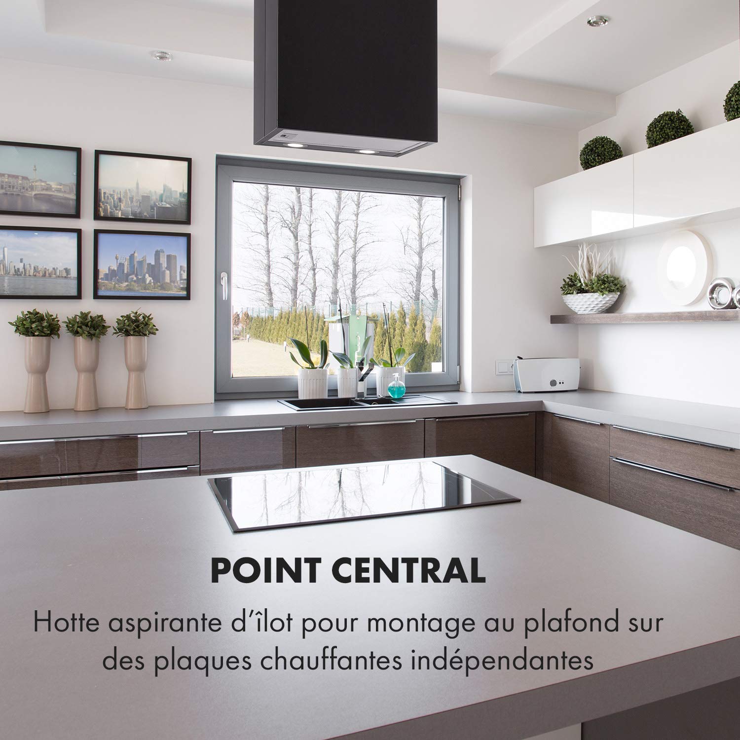 Klarstein Hotte Aspirante Ilot Central de Cuisine Silencieuse et Design, Débit d'air 624m³/h, Minuteur, 3 Modes, Hotte Aspirante, Filtres à Charbon Actif, Ilot Central, Noir