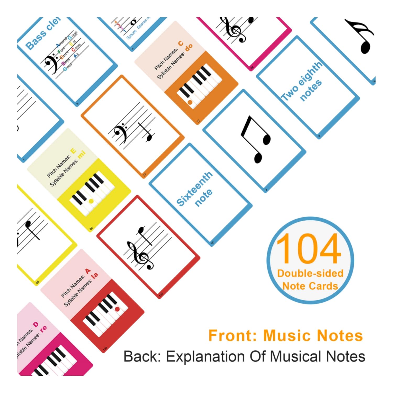 Music Flash Cards, 104 Piano Flash Cards, Basic Music Symbols,Staff Notation, Pitch/Syllable Names, Keyboard Position - Image 2