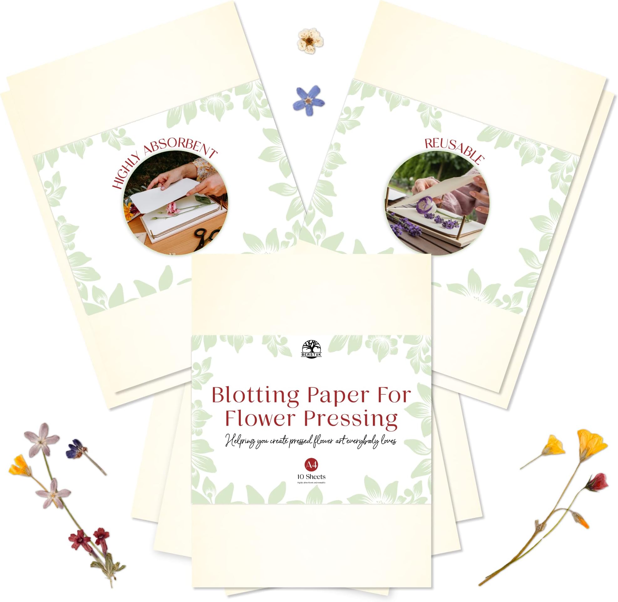 Berstuk A4 Flower Press Paper Highly Absorbent and Reusable Herbarium Paper Pack of 10 Cream Sheets