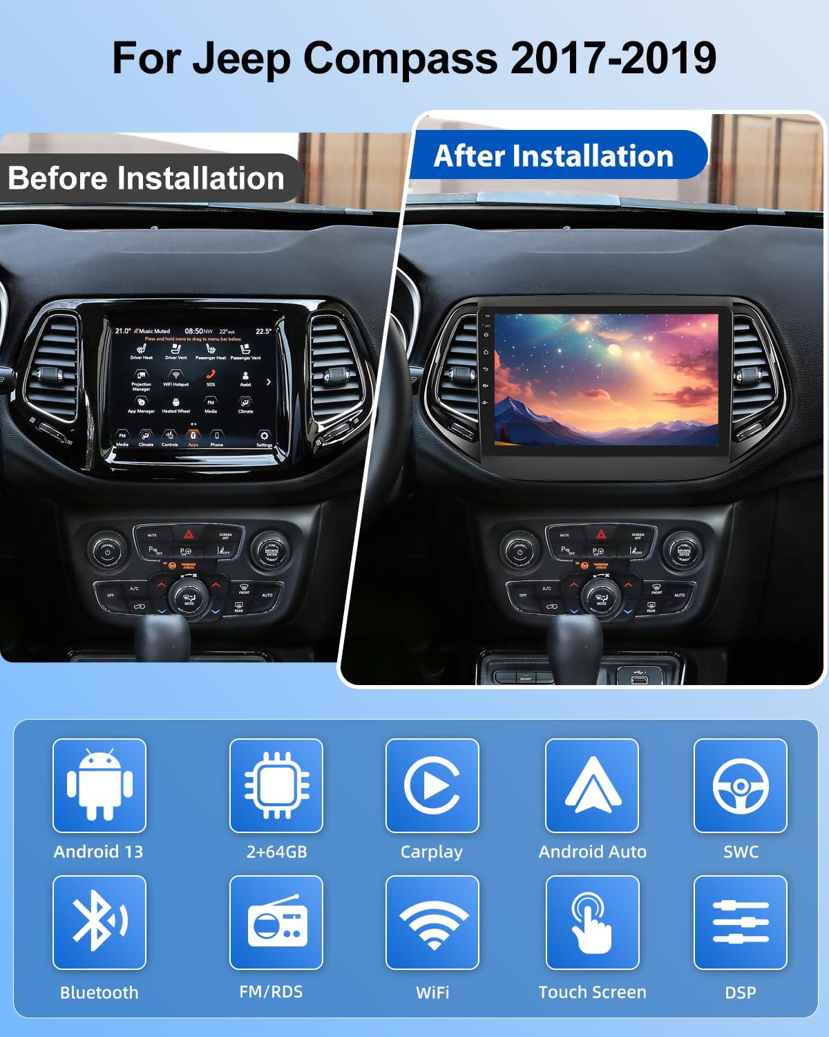 NHOPEEW Autoradio 2+64G per Jeep Compass 2017-2021 - Carplay senza fili e Android Auto - Stereo Android 13 da 10,1 pollici con WiFi EQ GPS Mirror Link FM RDS